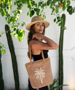 Paradiso Palm Tote – woven bag with embroidered palm design and faux-suede straps
